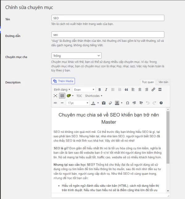 hiển thị mô tả danh mục bài viết WordPress